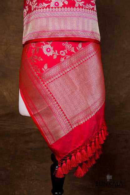 Pinkish Red Floral Jaal Leaf Meenakari Weaved Banarasi Mashru Silk Dupatta