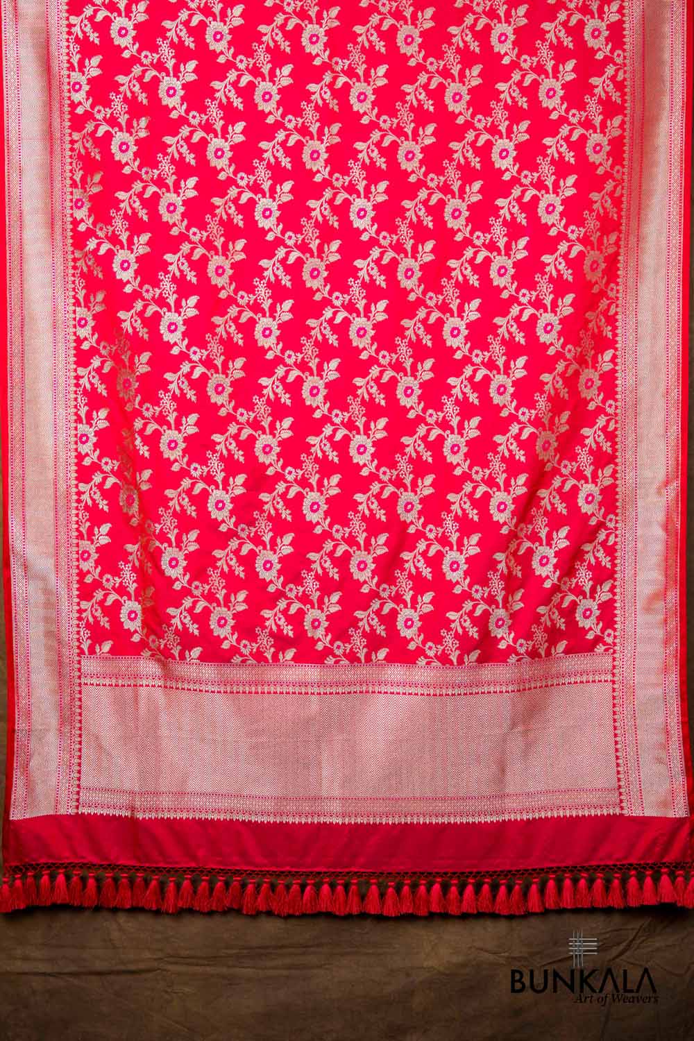 Pinkish Red Floral Jaal Leaf Meenakari Weaved Banarasi Mashru Silk Dupatta
