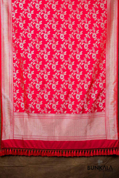 Pinkish Red Floral Jaal Leaf Meenakari Weaved Banarasi Mashru Silk Dupatta