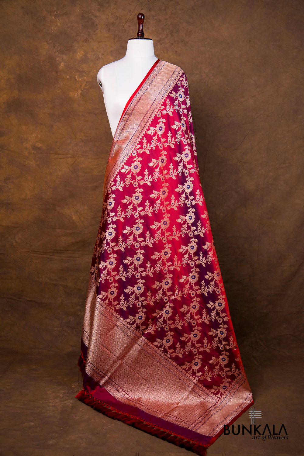 Purple Dual Shaded Floral Jaal Leaf Meenakari Weaved Banarasi Mashru Silk Dupatta