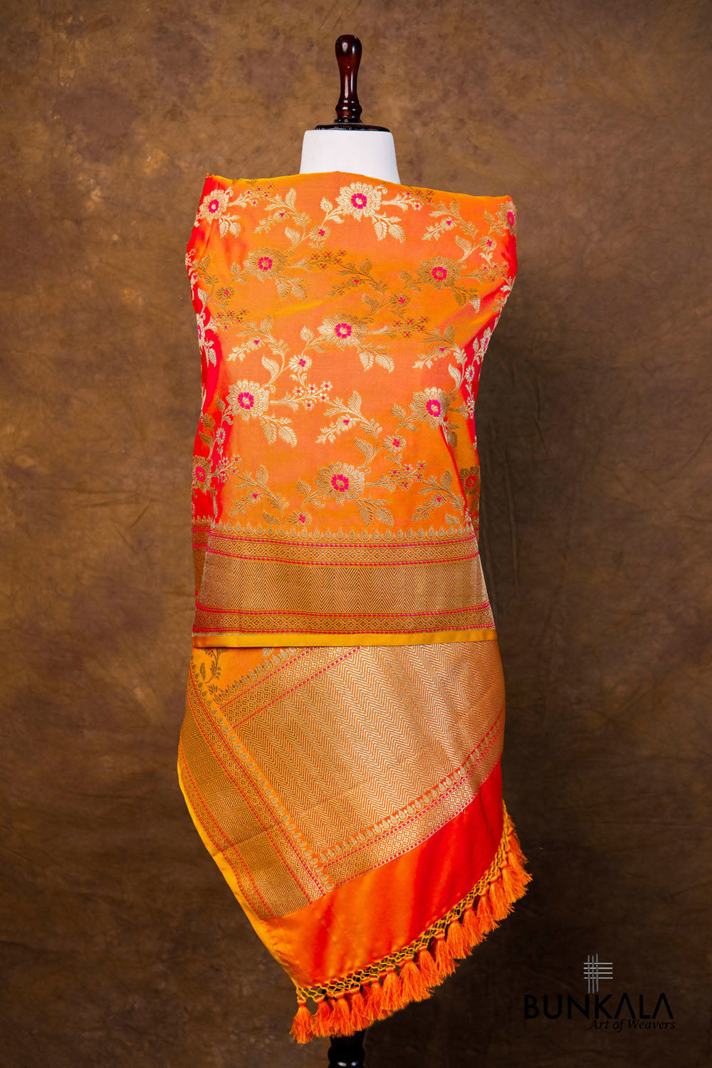 Kesari Orange Dual Shaded Floral Jaal Leaf Meenakari Weaved Banarasi Mashru Silk Dupatta