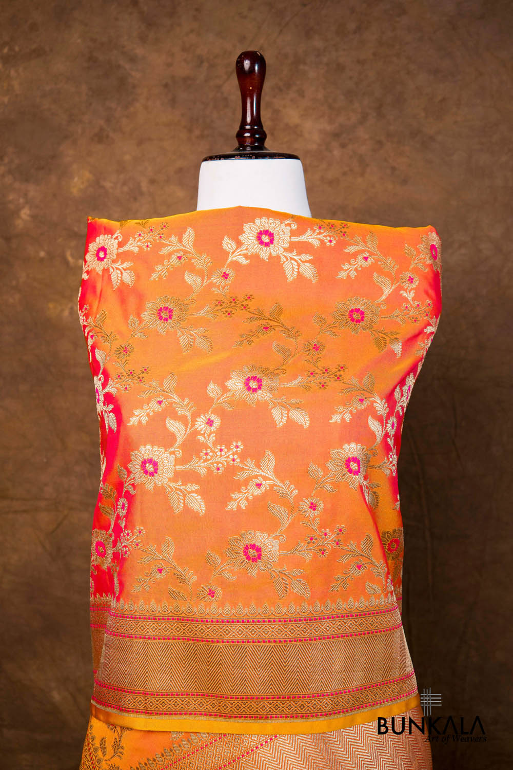 Kesari Orange Dual Shaded Floral Jaal Leaf Meenakari Weaved Banarasi Mashru Silk Dupatta