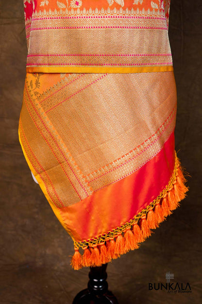 Kesari Orange Dual Shaded Floral Jaal Leaf Meenakari Weaved Banarasi Mashru Silk Dupatta