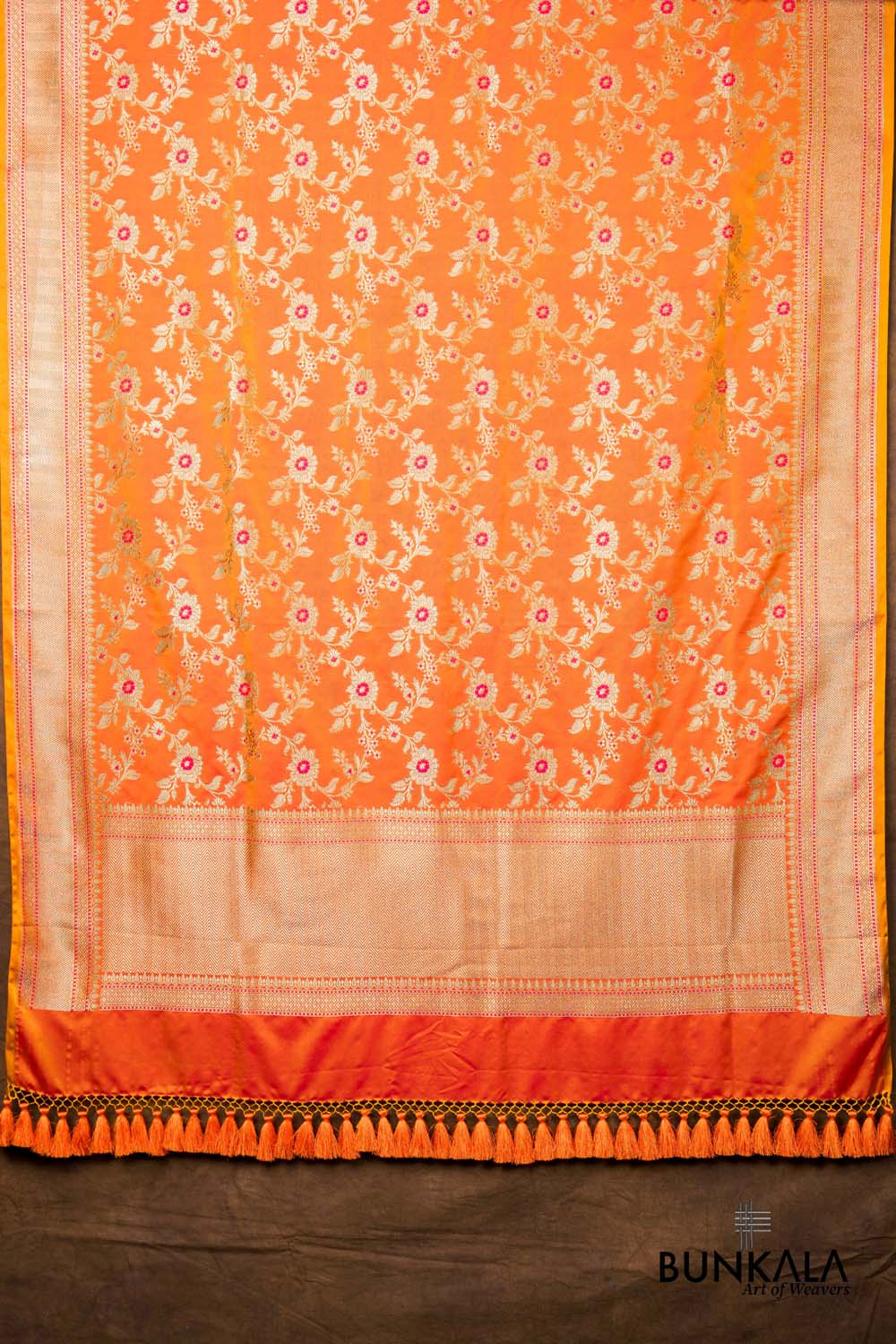 Kesari Orange Dual Shaded Floral Jaal Leaf Meenakari Weaved Banarasi Mashru Silk Dupatta