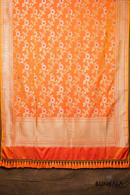 Kesari Orange Dual Shaded Floral Jaal Leaf Meenakari Weaved Banarasi Mashru Silk Dupatta