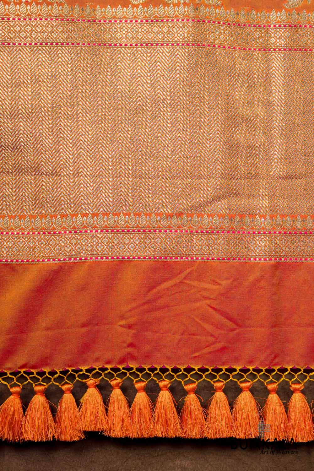 Kesari Orange Dual Shaded Floral Jaal Leaf Meenakari Weaved Banarasi Mashru Silk Dupatta