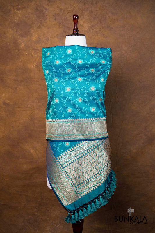 Peacock Teal Blue Self Color Jaal Jamewar Tanchui Weaved Banarasi Mashru Silk Dupatta