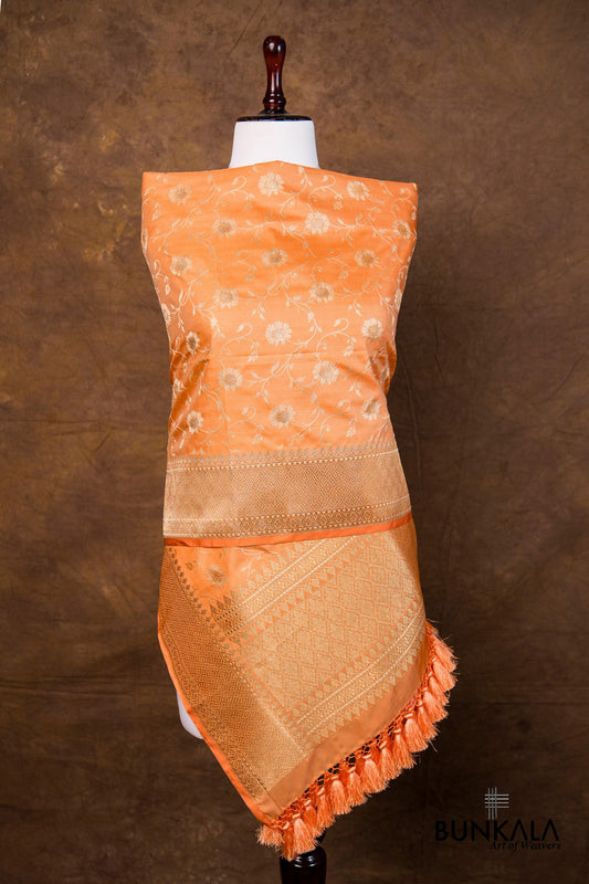 Peach Orange Floral Leaf Jaal Jamewar Tanchui Weaved Banarasi Mashru Silk Dupatta