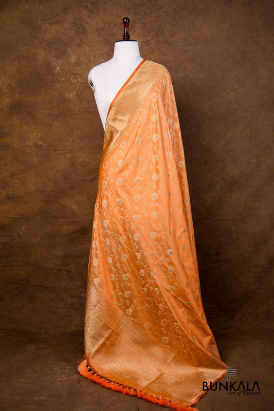 Peach Orange Floral Leaf Jaal Jamewar Tanchui Weaved Banarasi Mashru Silk Dupatta