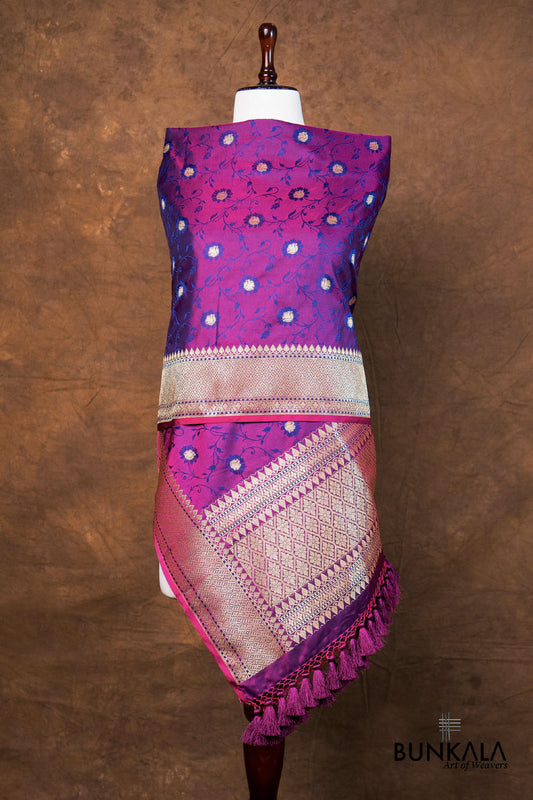 Jamuni Purple Floral Leaf Jaal Jamewar Tanchui Weaved Banarasi Mashru Silk Dupatta