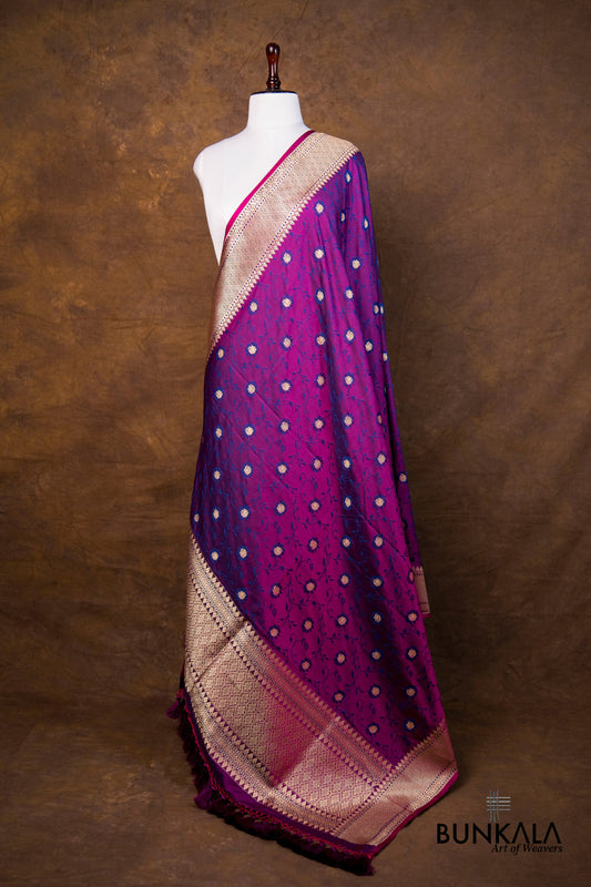 Jamuni Purple Floral Leaf Jaal Jamewar Tanchui Weaved Banarasi Mashru Silk Dupatta