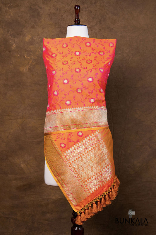 Orange Pink Dual Tone Jaal Jamewar Tanchui Weaved Banarasi Mashru Silk Dupatta