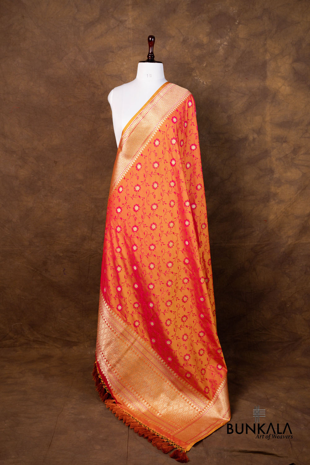 Orange Pink Dual Tone Jaal Jamewar Tanchui Weaved Banarasi Mashru Silk Dupatta
