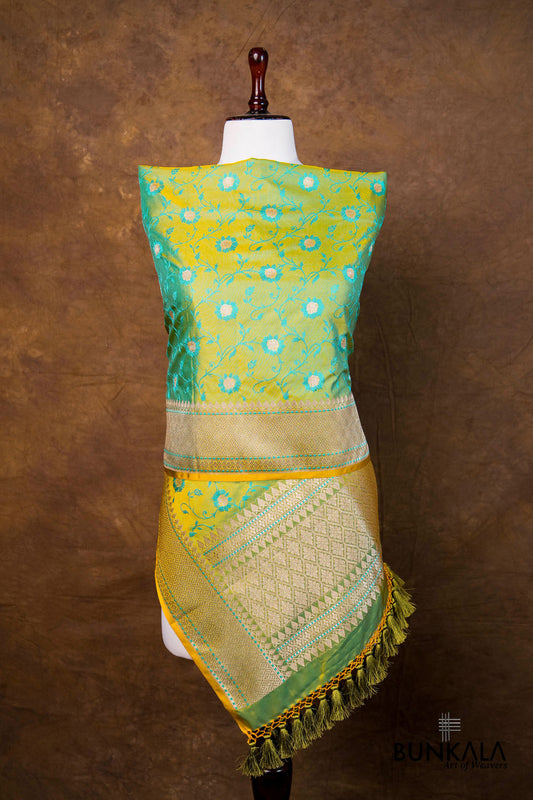 Parrot Green Dual Tone Jaal Jamewar Tanchui Weaved Banarasi Mashru Silk Dupatta