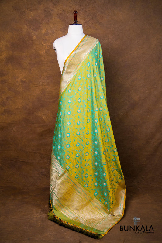 Parrot Green Dual Tone Jaal Jamewar Tanchui Weaved Banarasi Mashru Silk Dupatta