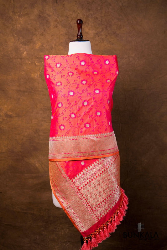 Royal Pink Orange Dual Tone Jaal Jamewar Tanchui Weaved Banarasi Mashru Silk Dupatta