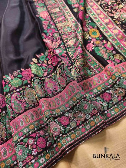 Jet Black Pashmina Meenakari Weaved Plain Banarasi Mashru Silk Saree