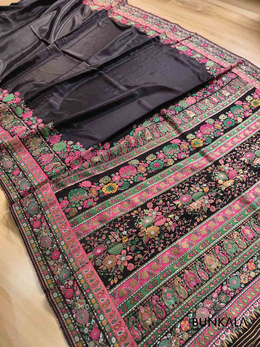 Jet Black Pashmina Meenakari Weaved Plain Banarasi Mashru Silk Saree
