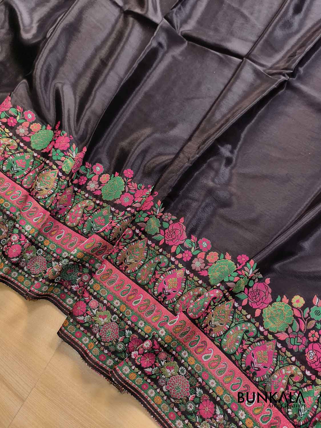 Jet Black Pashmina Meenakari Weaved Plain Banarasi Mashru Silk Saree
