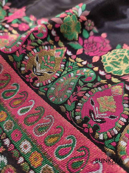 Jet Black Pashmina Meenakari Weaved Plain Banarasi Mashru Silk Saree