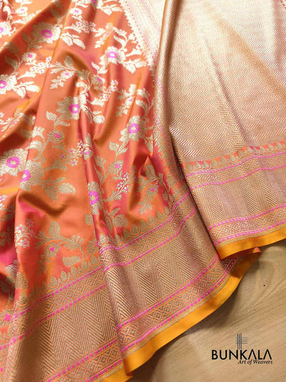 Shot Orange Pink Meena Floral Jaal All Over Weaved Banarasi Mashru Silk Saree