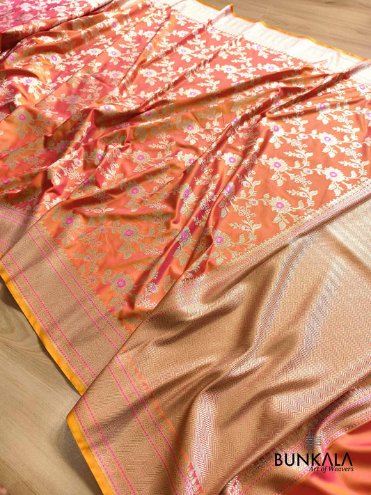 Shot Orange Pink Meena Floral Jaal All Over Weaved Banarasi Mashru Silk Saree