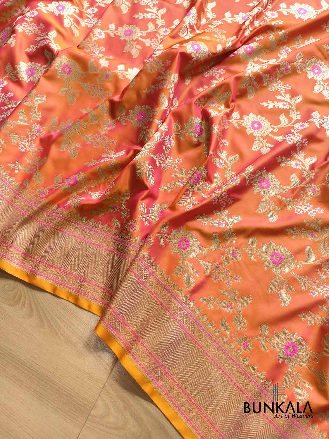 Shot Orange Pink Meena Floral Jaal All Over Weaved Banarasi Mashru Silk Saree