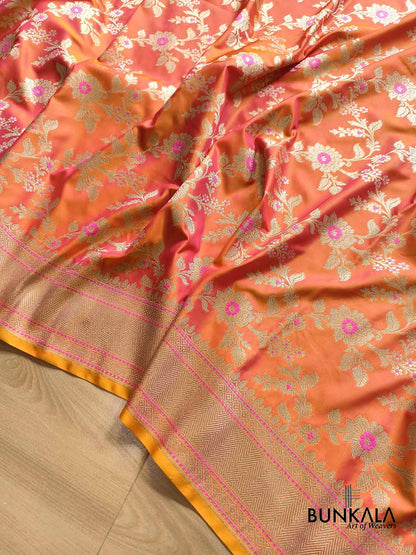 Shot Orange Pink Meena Floral Jaal All Over Weaved Banarasi Mashru Silk Saree