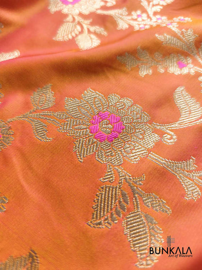 Shot Orange Pink Meena Floral Jaal All Over Weaved Banarasi Mashru Silk Saree