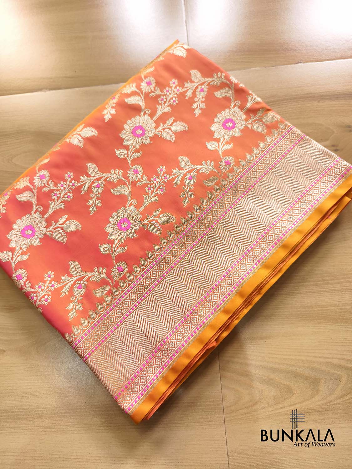 Shot Orange Pink Meena Floral Jaal All Over Weaved Banarasi Mashru Silk Saree