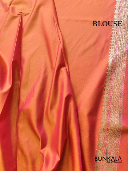 Shot Orange Pink Meena Floral Jaal All Over Weaved Banarasi Mashru Silk Saree