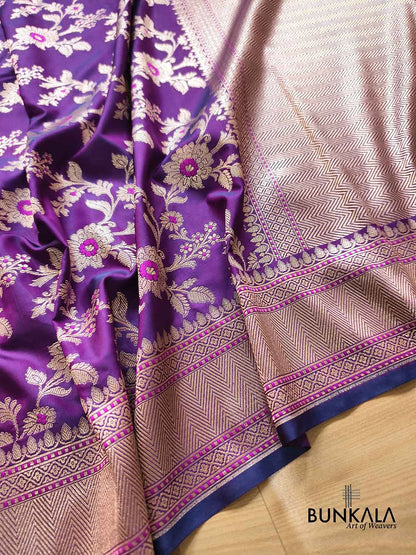 Jamuni Purple Pink Meena Floral Jaal All Over Weaved Banarasi Mashru Silk Saree