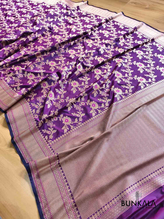 Jamuni Purple Pink Meena Floral Jaal All Over Weaved Banarasi Mashru Silk Saree