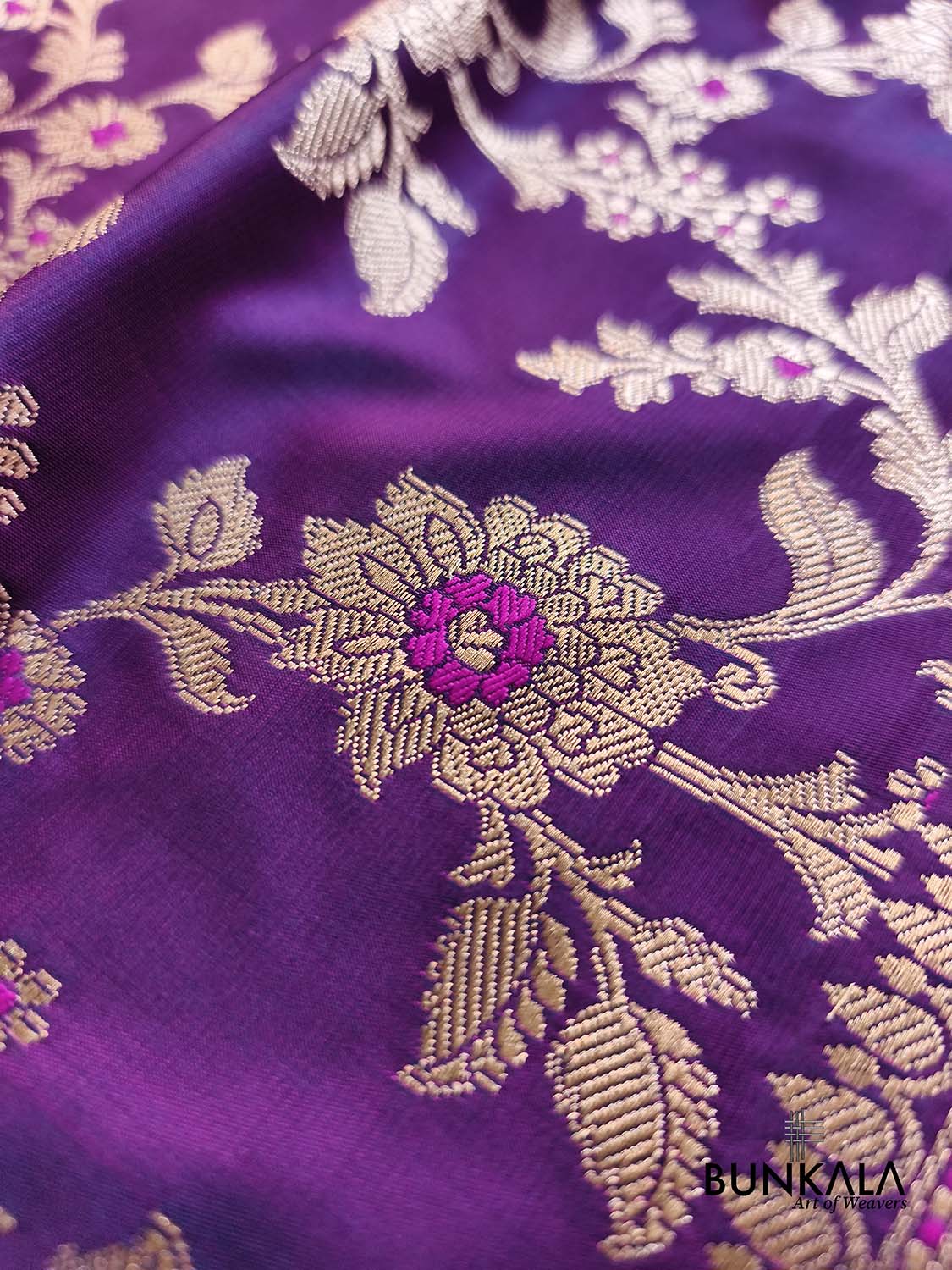 Jamuni Purple Pink Meena Floral Jaal All Over Weaved Banarasi Mashru Silk Saree