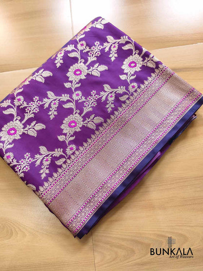 Jamuni Purple Pink Meena Floral Jaal All Over Weaved Banarasi Mashru Silk Saree