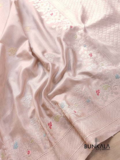 Pastel Grey Pure Katan Silk Double Tana Kadwa Handweaved Silver Zari Meenakari Banarasi Saree