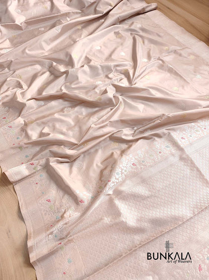 Pastel Grey Pure Katan Silk Double Tana Kadwa Handweaved Silver Zari Meenakari Banarasi Saree