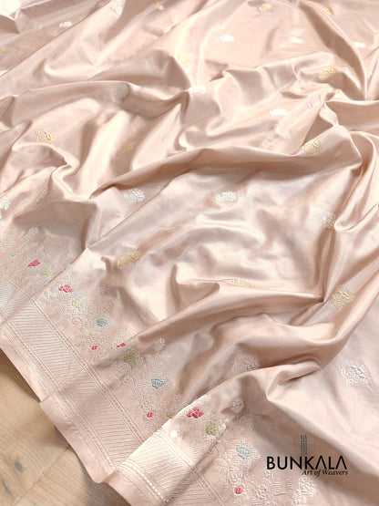 Pastel Grey Pure Katan Silk Double Tana Kadwa Handweaved Silver Zari Meenakari Banarasi Saree