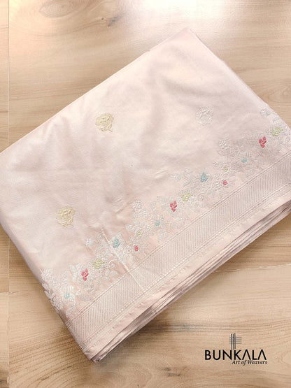 Pastel Grey Pure Katan Silk Double Tana Kadwa Handweaved Silver Zari Meenakari Banarasi Saree