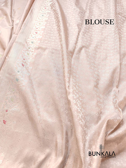 Pastel Grey Pure Katan Silk Double Tana Kadwa Handweaved Silver Zari Meenakari Banarasi Saree