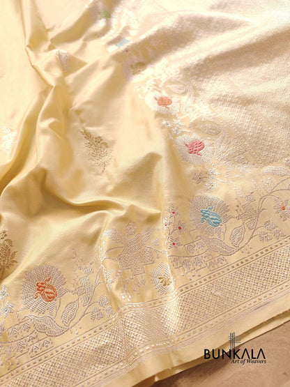 Pastel Yellow Pure Katan Silk Double Tana Kadwa Handweaved Silver Zari Meenakari Banarasi Saree