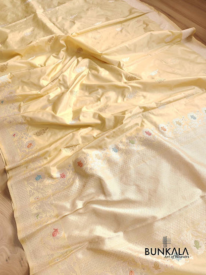Pastel Yellow Pure Katan Silk Double Tana Kadwa Handweaved Silver Zari Meenakari Banarasi Saree