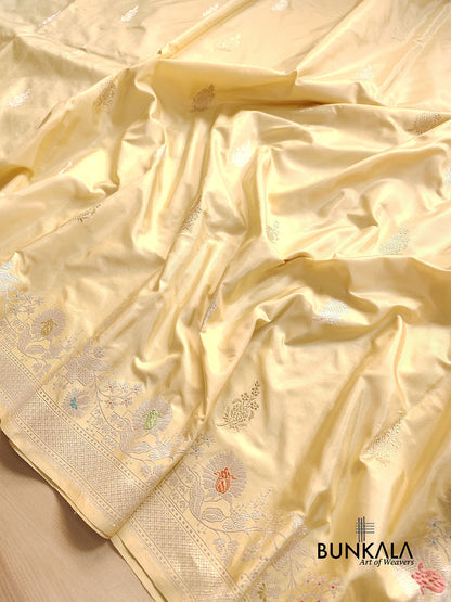 Pastel Yellow Pure Katan Silk Double Tana Kadwa Handweaved Silver Zari Meenakari Banarasi Saree