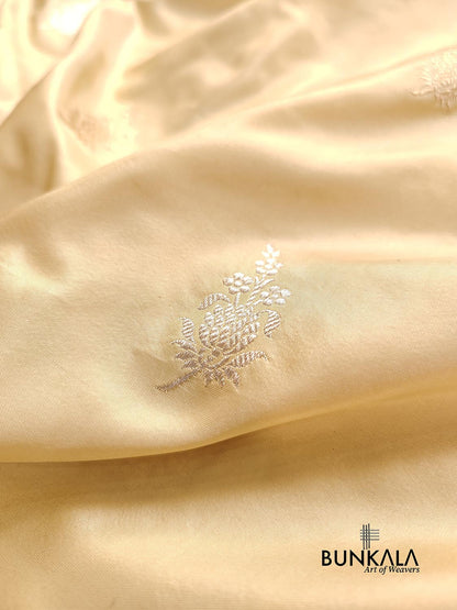 Pastel Yellow Pure Katan Silk Double Tana Kadwa Handweaved Silver Zari Meenakari Banarasi Saree