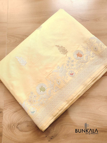 Pastel Yellow Pure Katan Silk Double Tana Kadwa Handweaved Silver Zari Meenakari Banarasi Saree
