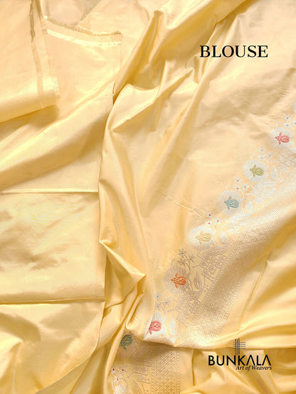 Pastel Yellow Pure Katan Silk Double Tana Kadwa Handweaved Silver Zari Meenakari Banarasi Saree