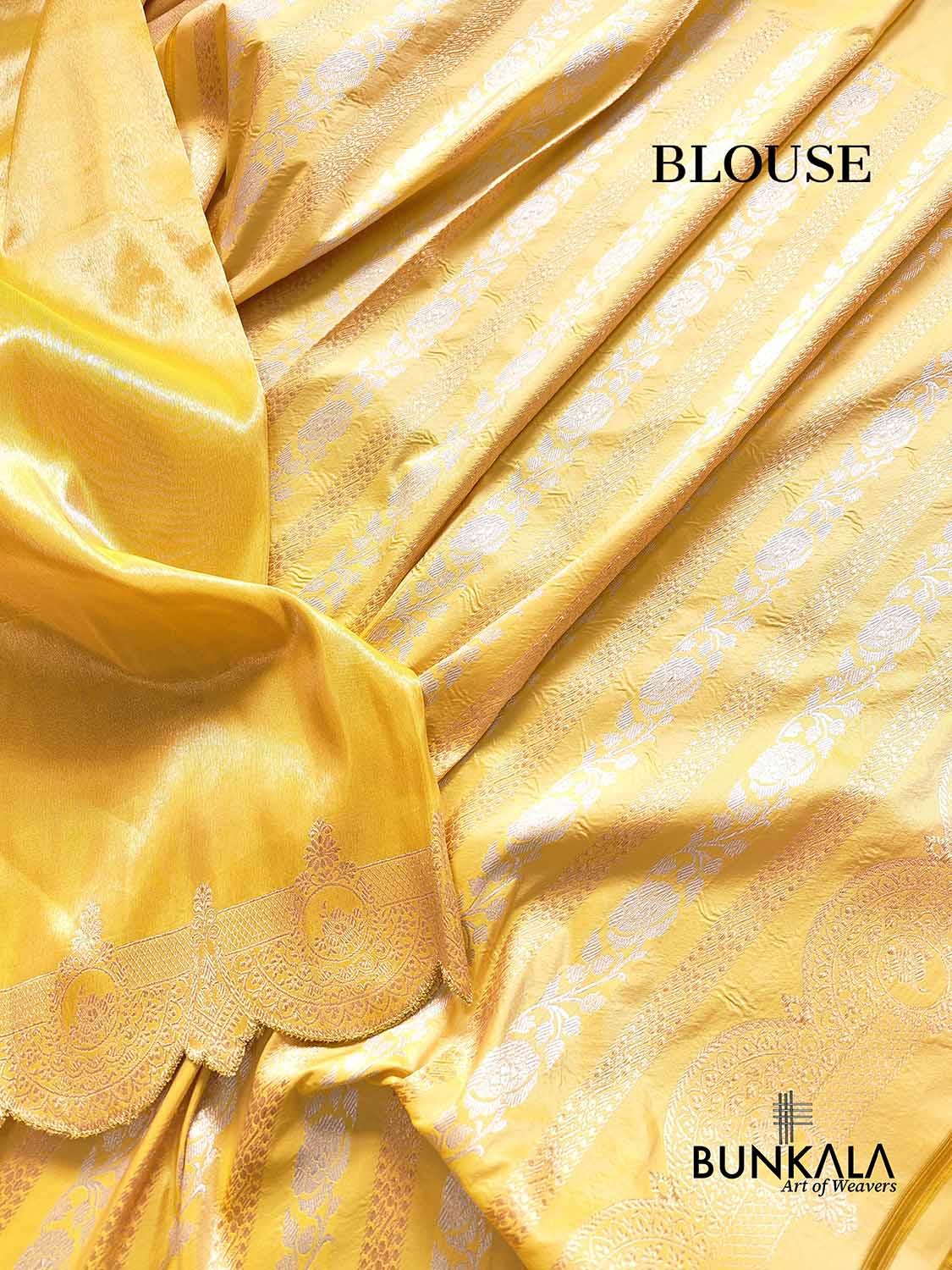 Golden Yellow Soft Pure Tissue Katan Silk Handloom Scalloped Border Plain Banarasi Saree