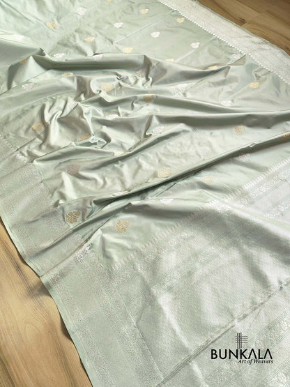 Pastel Greenish Grey Pure Katan Silk Double Tana Silver and Gold Zari Kadwa Handweaved Buta Banarasi Saree