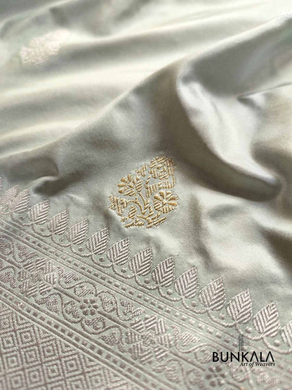 Pastel Greenish Grey Pure Katan Silk Double Tana Silver and Gold Zari Kadwa Handweaved Buta Banarasi Saree
