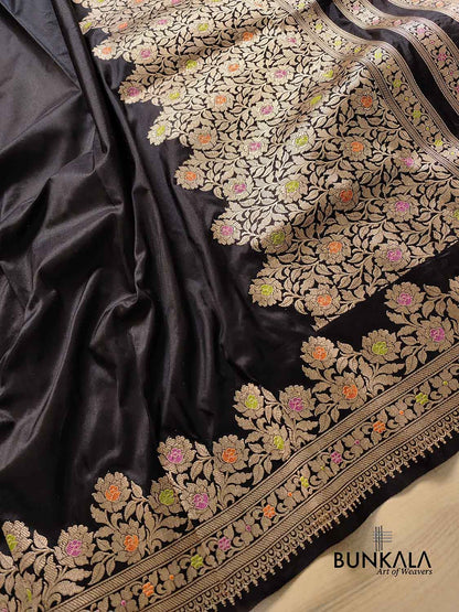 Jet Black Plain Pure Katan Silk Kadwa Handweaved Meenakari Banarasi Saree